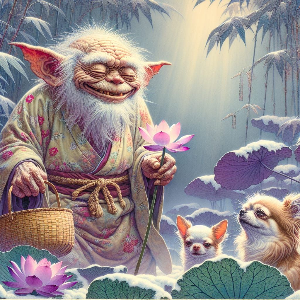 Ukiyo-e Gremlin with Chihuahuas in Snowy Sunlight