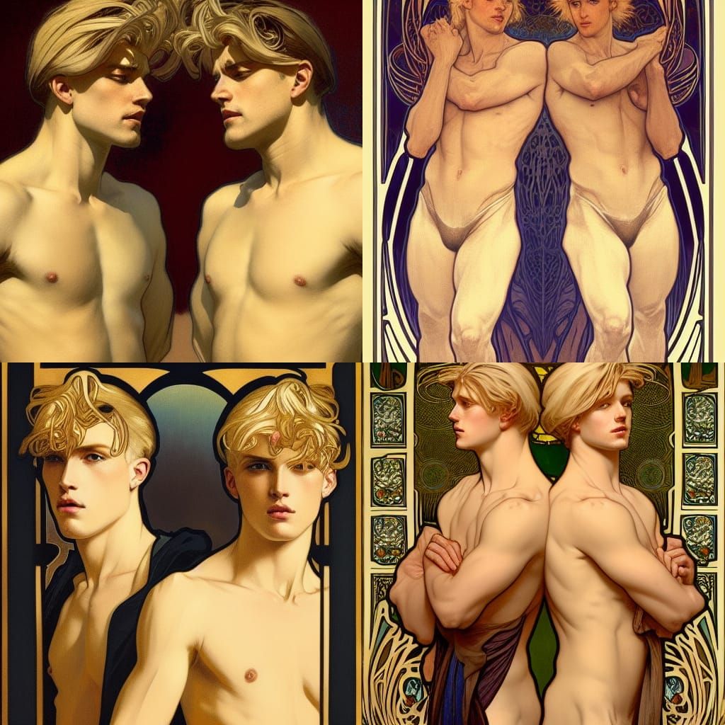 Mucha Style Twins Portrait: Art Nouveau Masterpiece