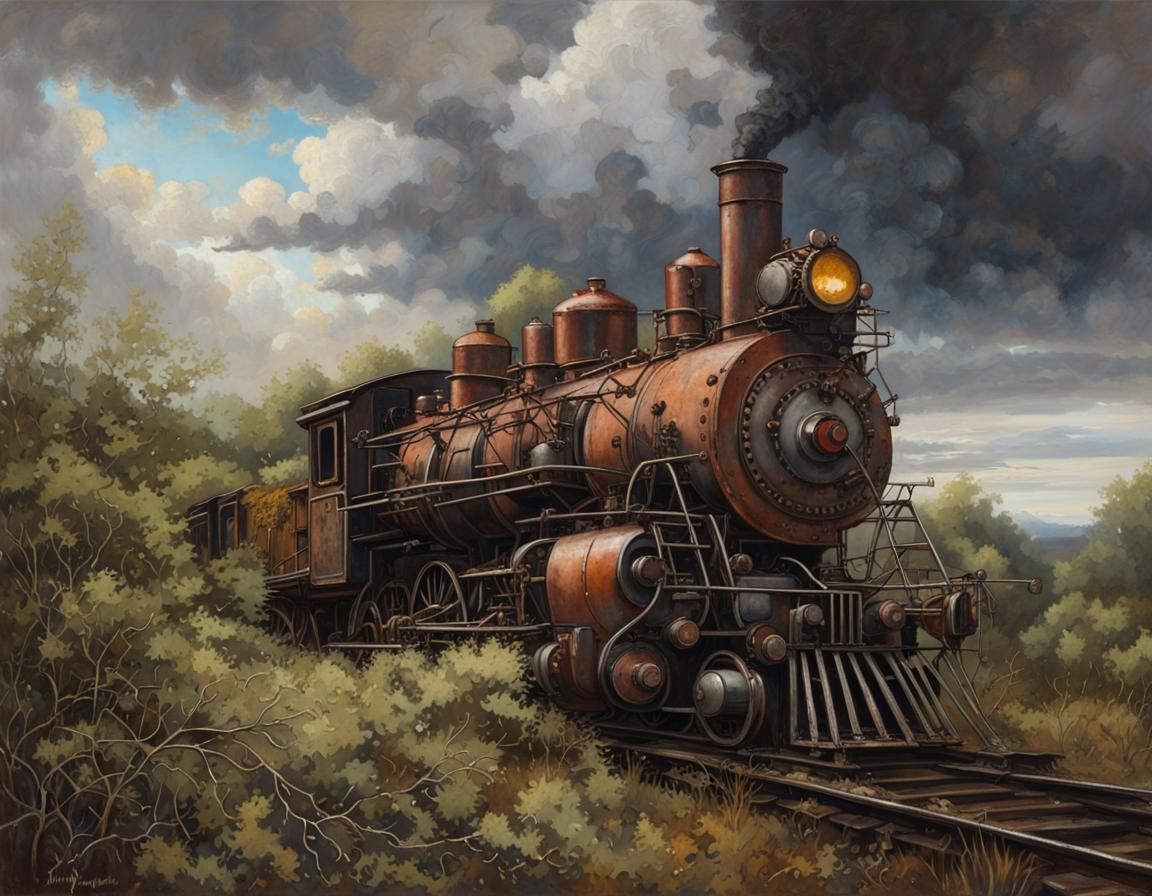 Abandoned Steam Locomotive in a Dramatic Landscape