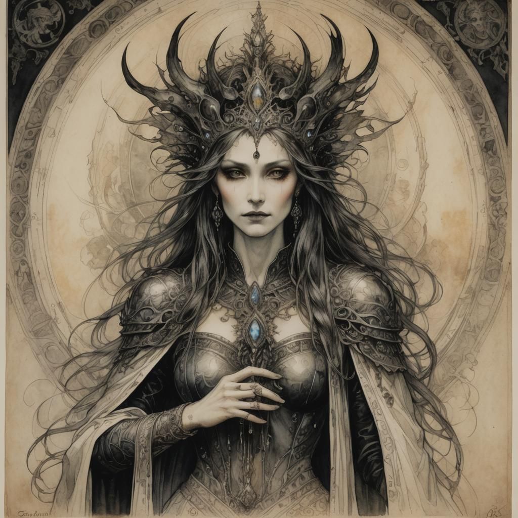 Lich Queen Portrait in Ink Art Style