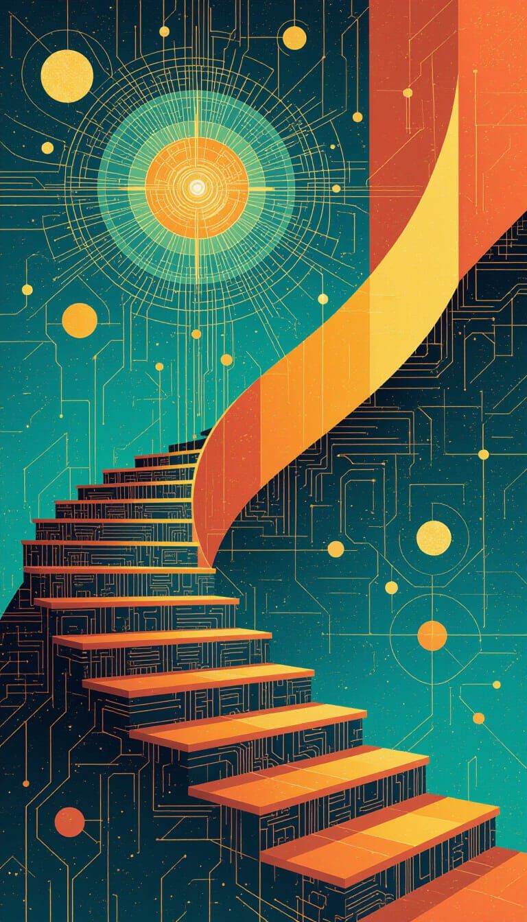 Geometric Technocore Stairs to Deep Space in Retropunk Style