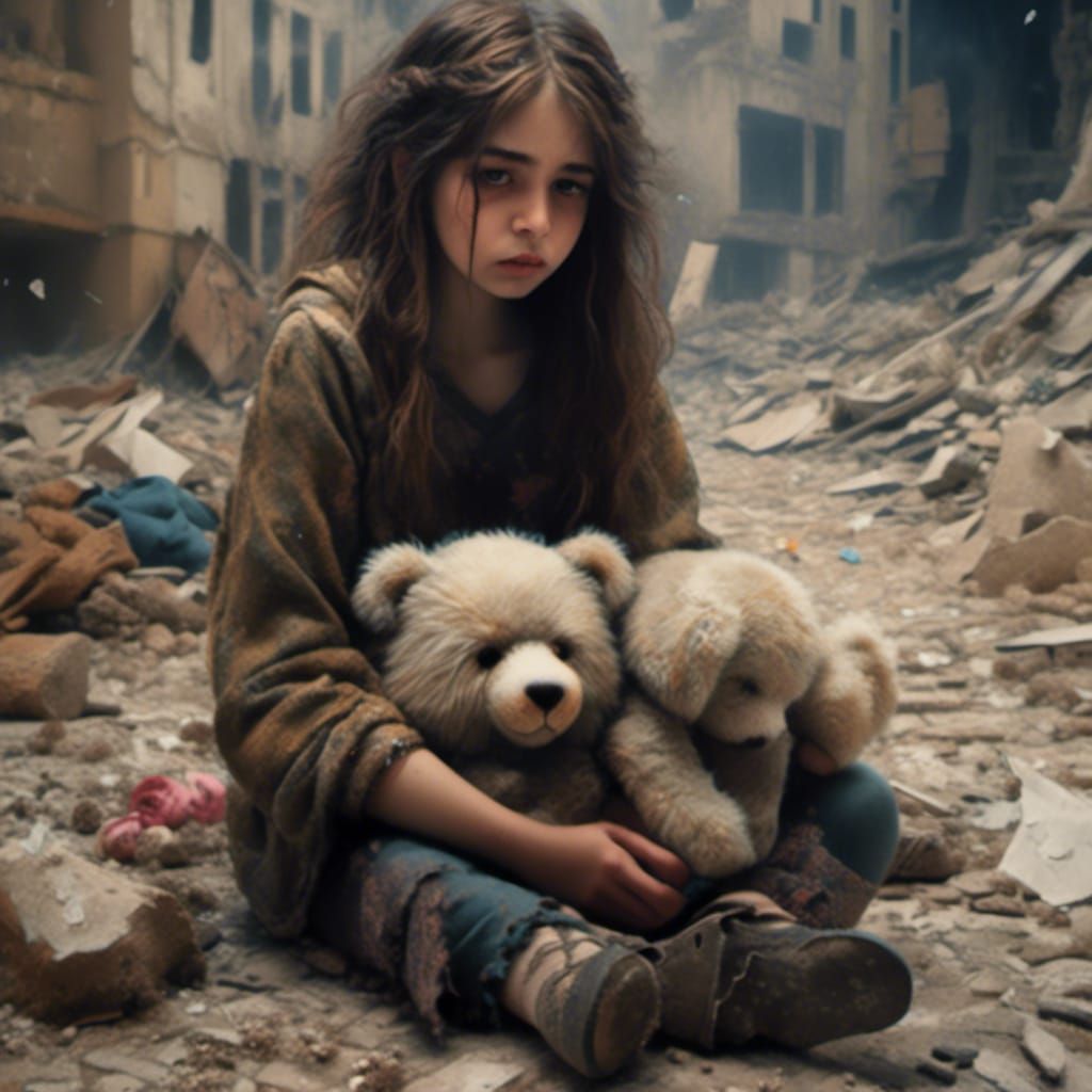 Crying Girl in Rubble: Apocalyptic Digital Art