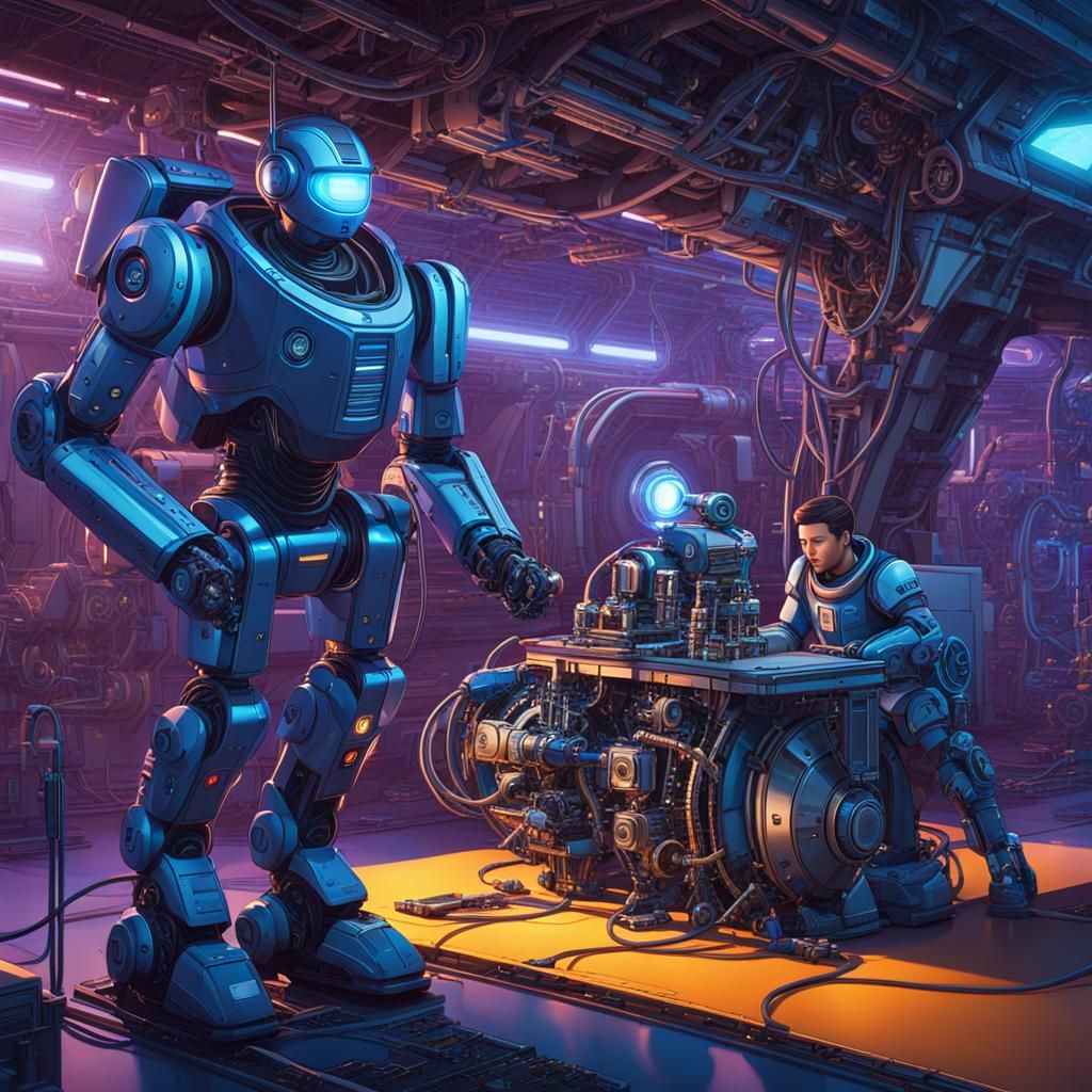 Sci-Fi Robot and Android Space Station Repair