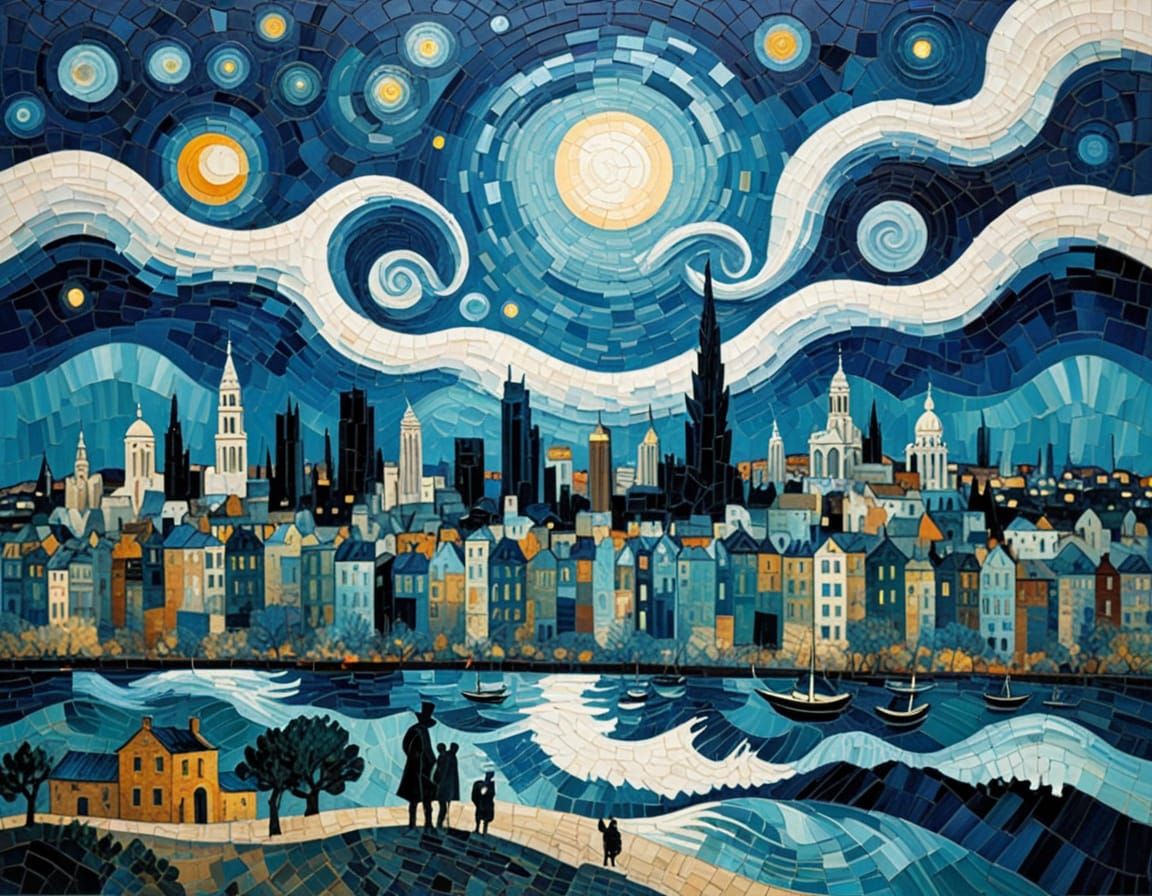 Dreamlike Cityscape in Whimsical Mosaic Style