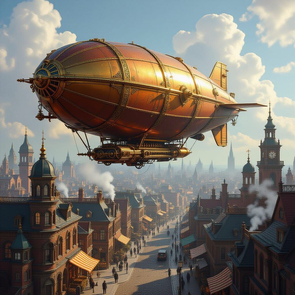 Steampunk Airship Over Metropolis in Photorealistic Detail