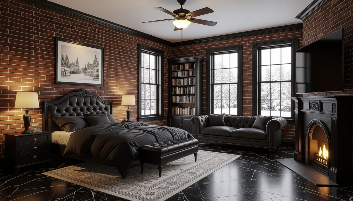 Victorian Bedroom with Snowy View and Fireplace