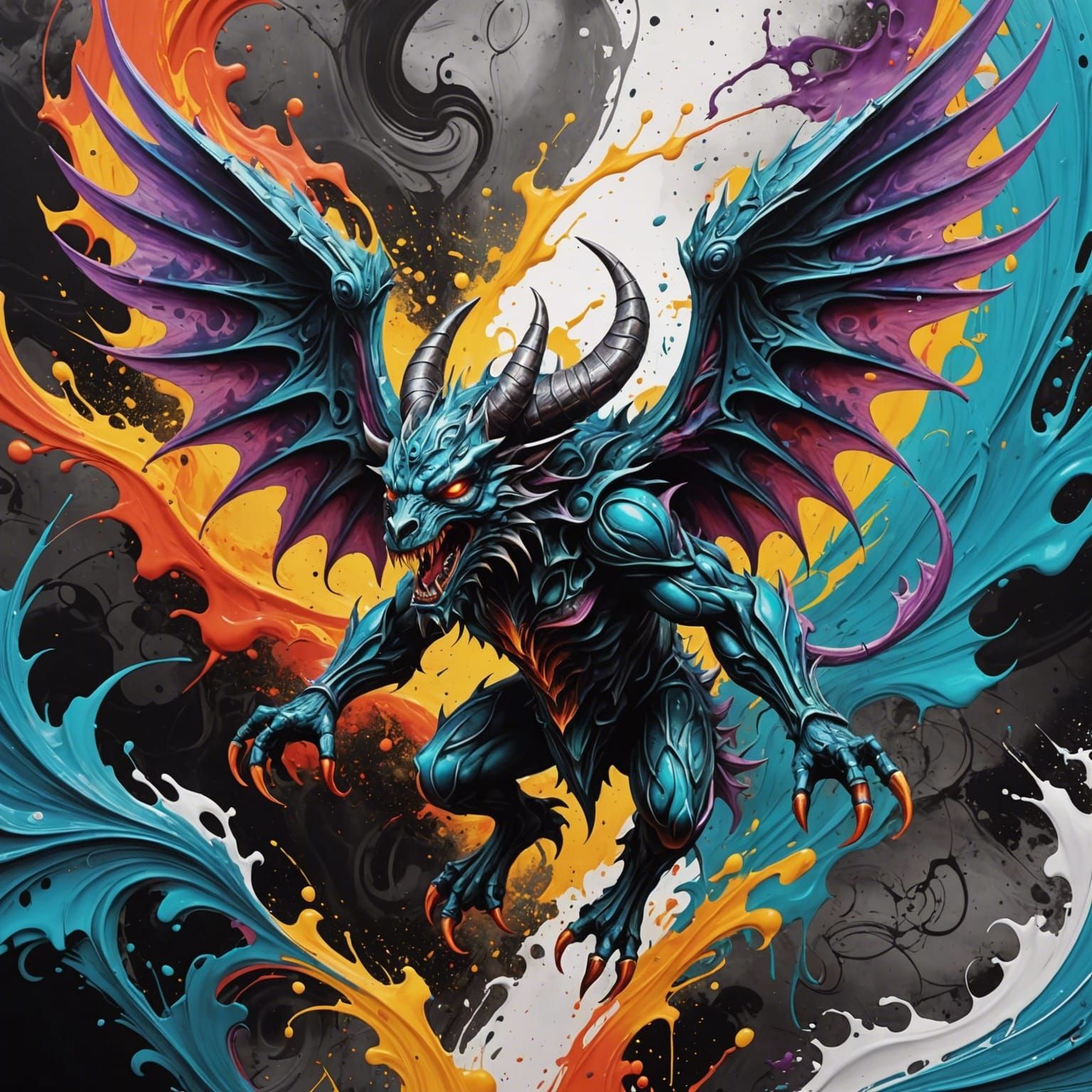 Winged Devil in Flight: Chaotic Embossed Graffiti Art