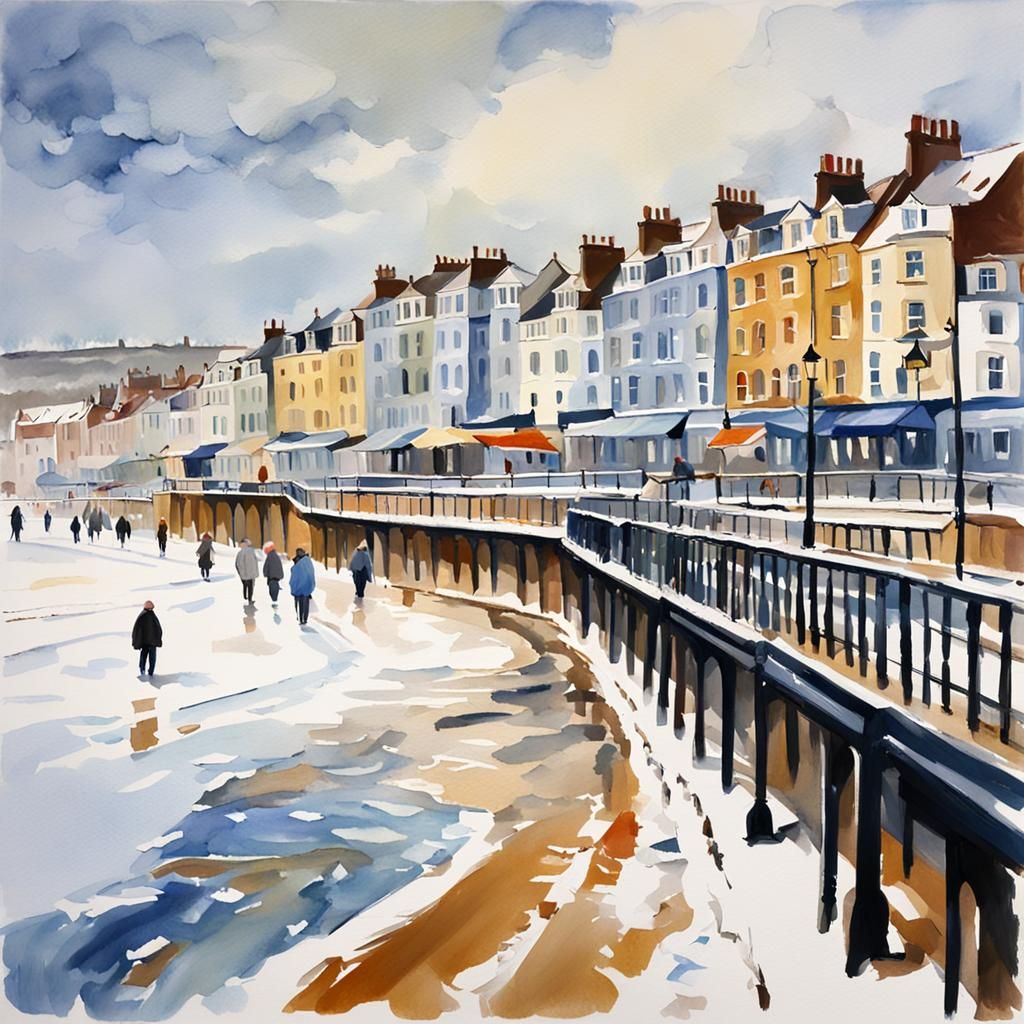 Snowy Cromer Seafront in Gouache Watercolor Style
