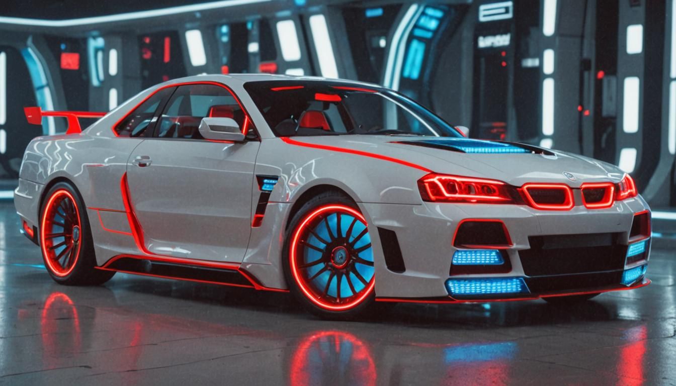 Futuristic Car Design with Blue and Red Accents