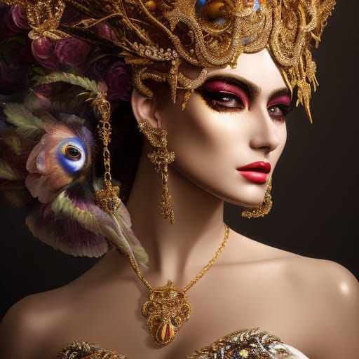 Eldritch Woman with Black Gold Mask, Hyperrealistic Portrait
