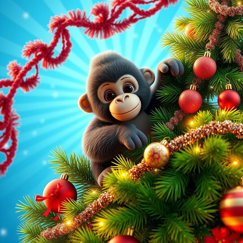Surreal Holiday Wonderland: Plush Gorilla Climbs Christmas T...