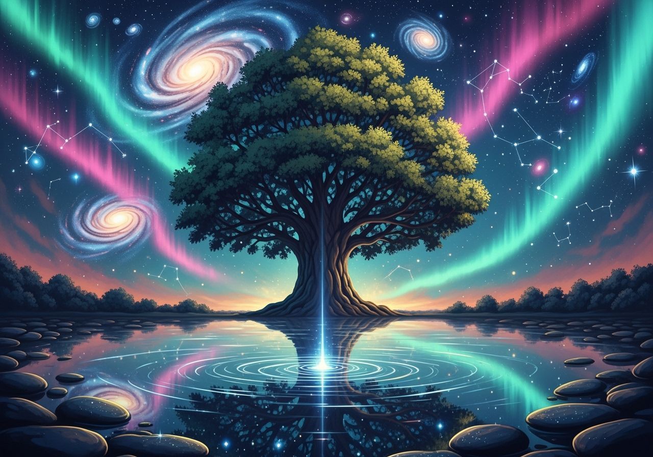 Celestial Dreamscape: Ancient Tree Under Nebula Sky