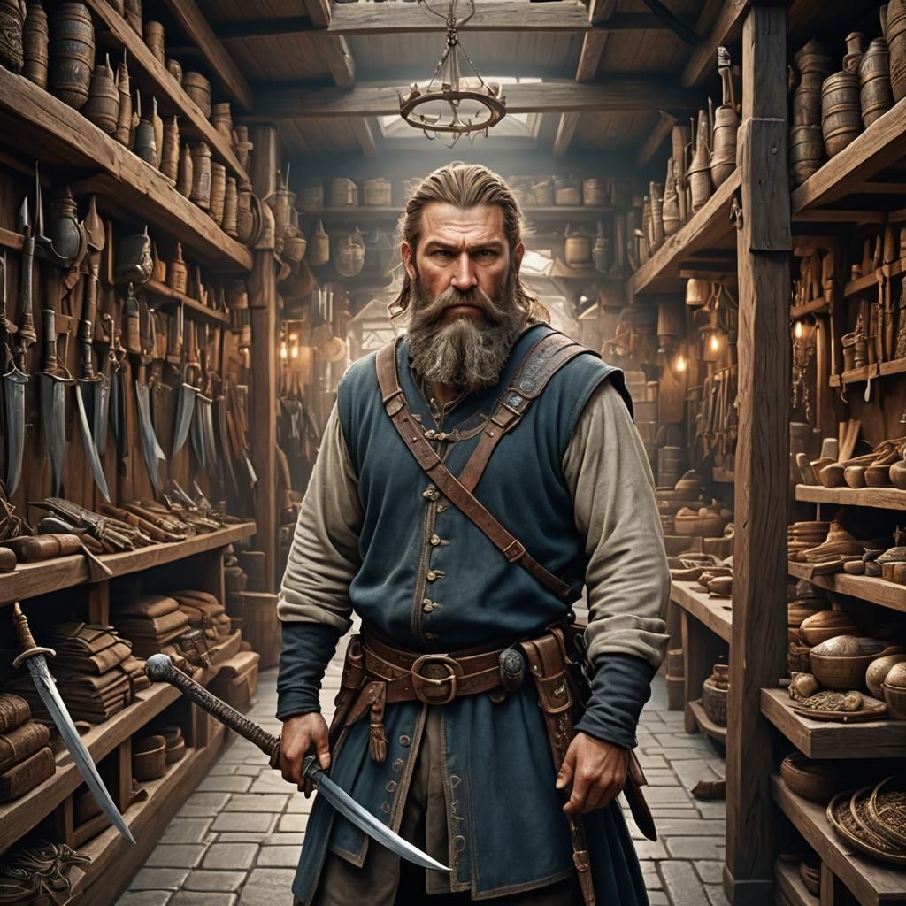 Peasant Viking in Sword Shop: Detailed Matte Painting