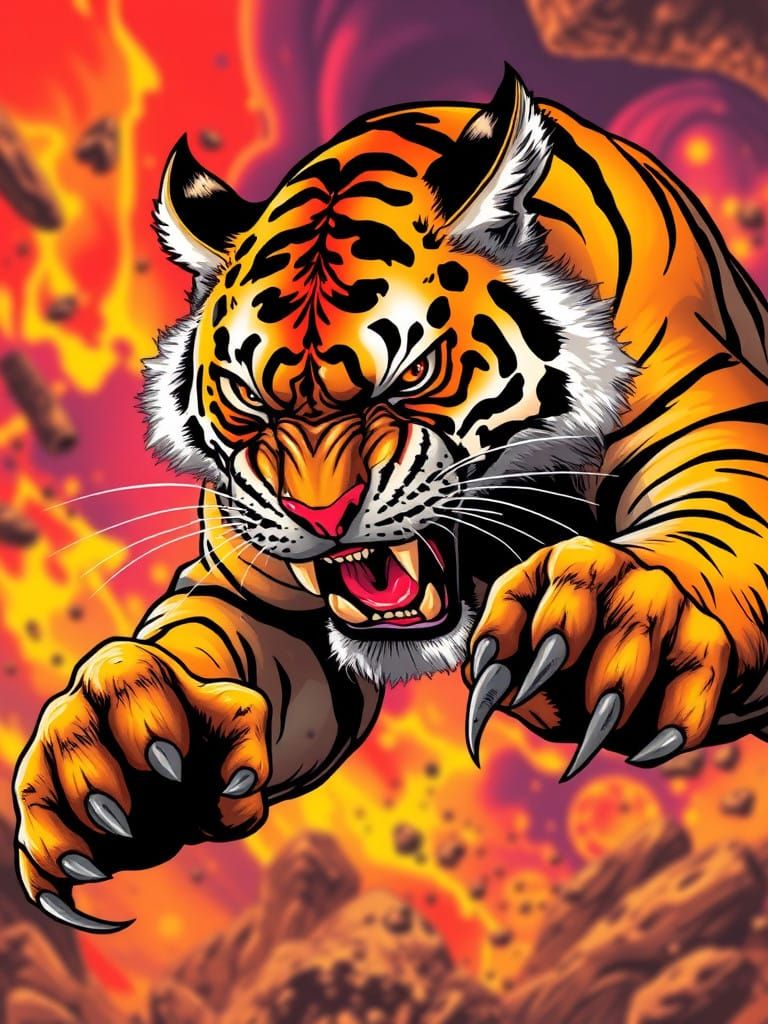 Angry vintage 90s Style tiger attacking.