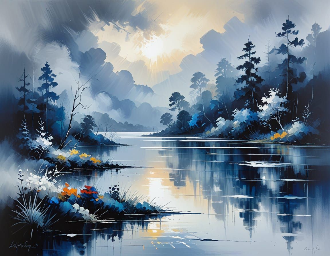 Deep Blues and Silvers, a Mysterious Lake in Stormy Weather