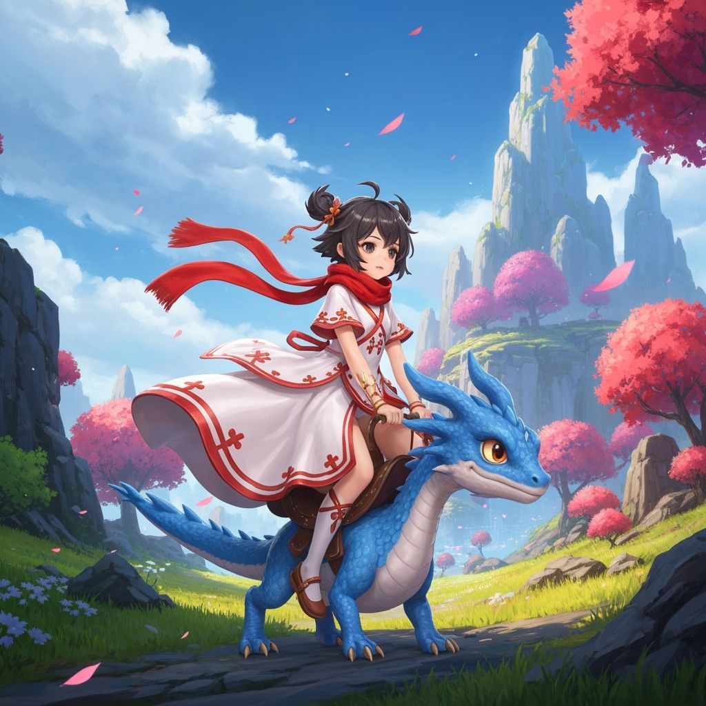 Girl on Blue Dragon in Magical Anime Landscape