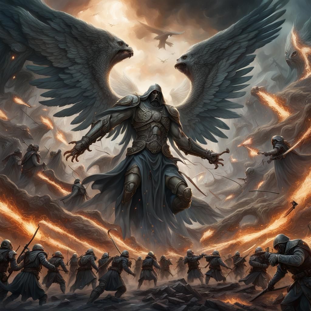 Angels and Demons Epic Battle in Art Nouveau Style