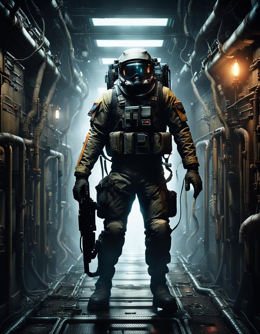 Hulking Space Soldier in Sci-Fi Corridor
