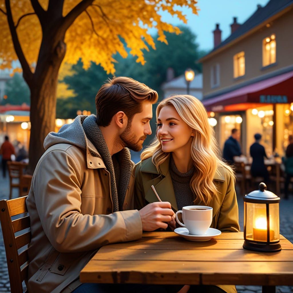 Cozy Autumn Evening Impressionist Painting of Couple