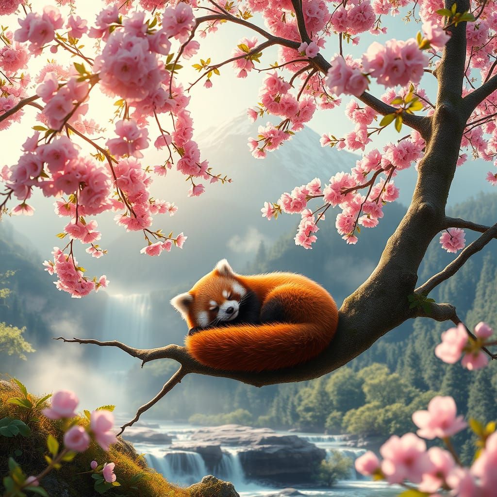 Serene Red Panda in Cherry Blossom Fantasy Landscape