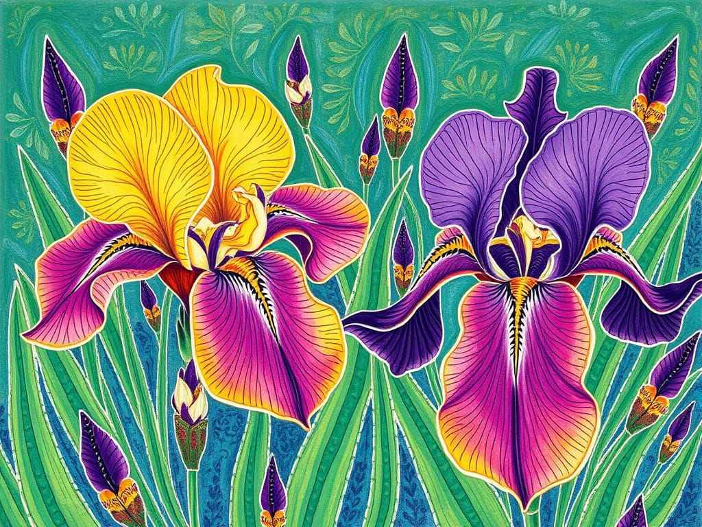 Vibrant Madhubani Painting of Purple and Chartreuse Irises