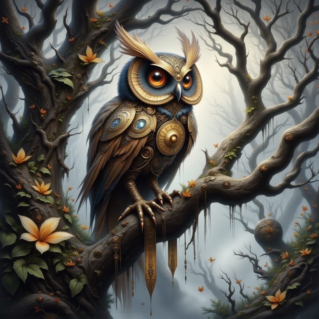 Mechanical Owl in Mystical Forest, Charcoal Drawing