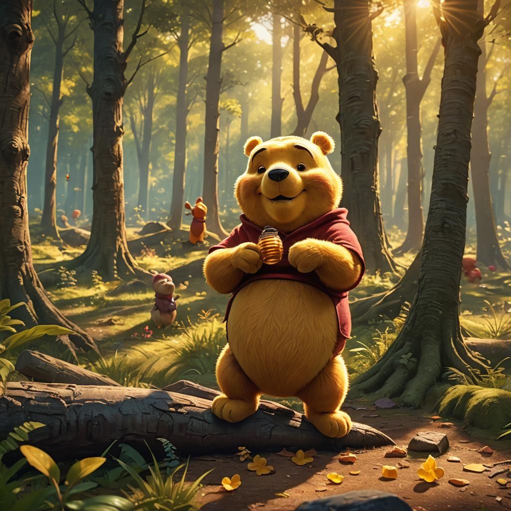 Winnie the Pooh Eating Honey: Pixar-Style 3D Render