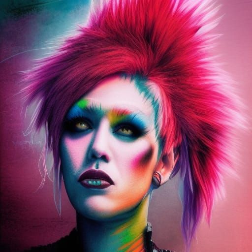 Detailed color drawing of a female punk rocker, multicolor