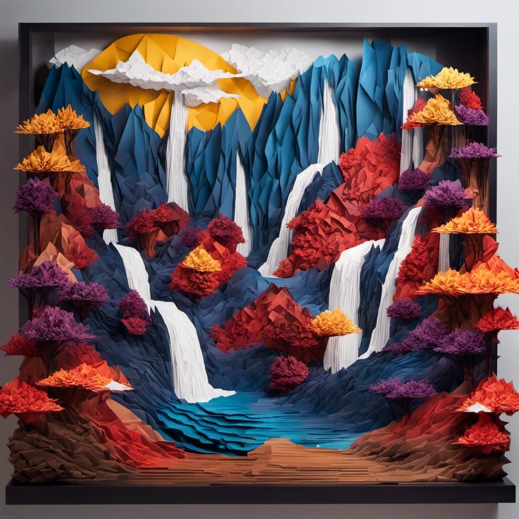 Origami Waterfall Landscape in Hyperrealistic Style