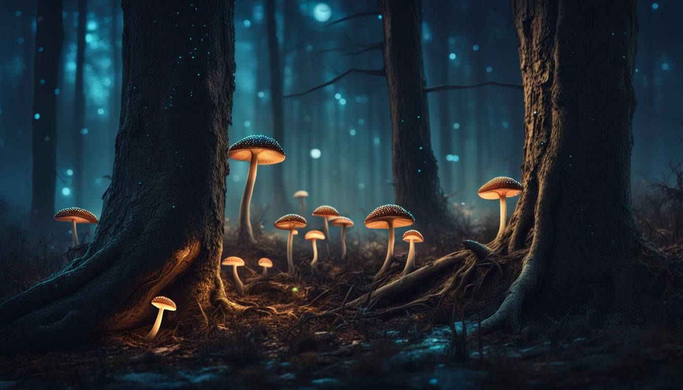 Bioluminescent Mushrooms in a Mysterious Night Forest