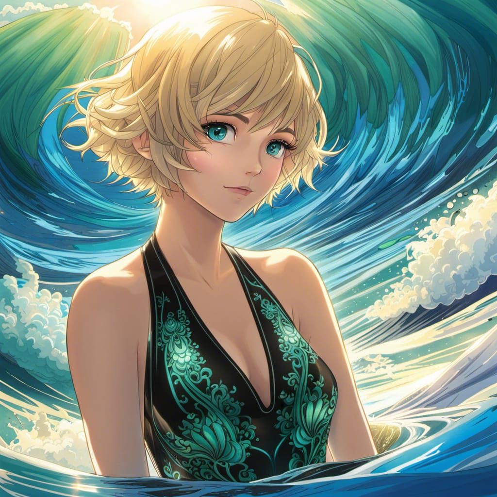 Anime Girl with Sapphire Eyes in Fractal Swimsuit