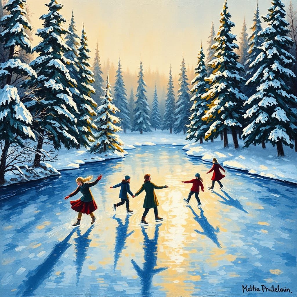 Joyful Ice Skaters in Winter Wonderland: Impasto Painting