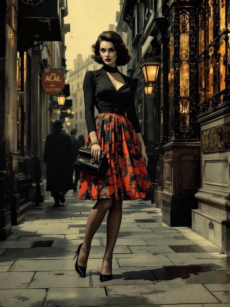 Gothic Pin-Up in Cityscape, Cornell & de Chirico Style