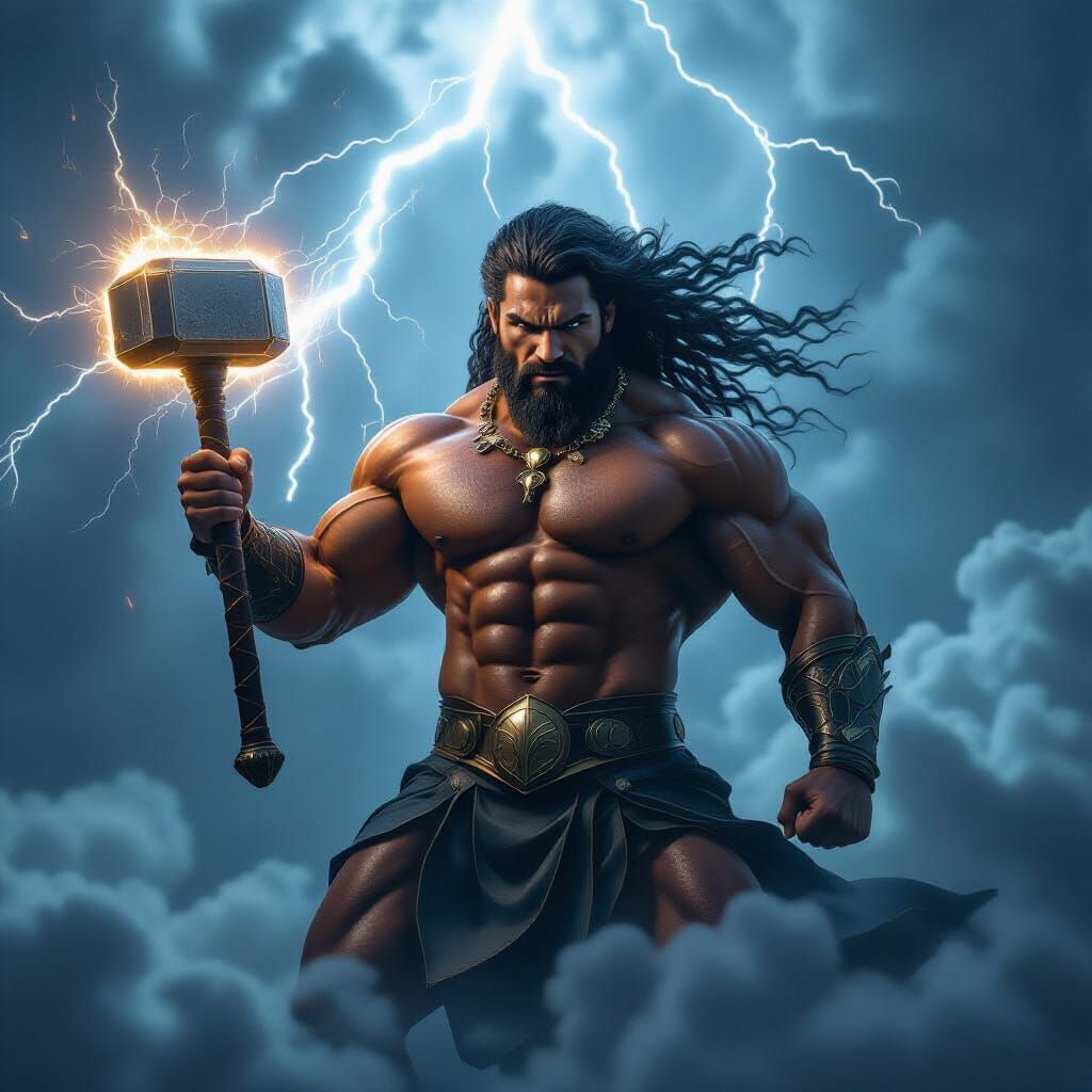 Latino Thunder God with Glowing Hammer in Storm