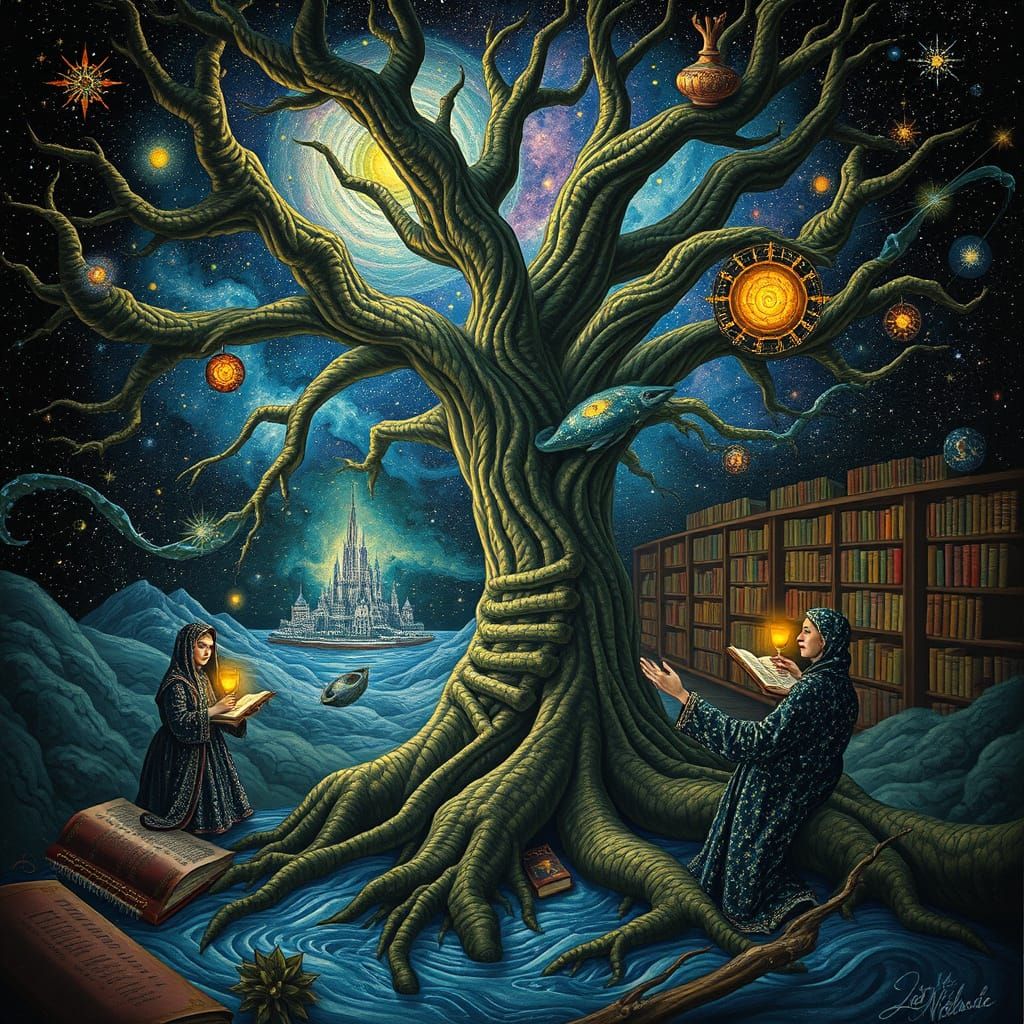 Celestial Tree Library with Stardust Scholars in Psychedelic...