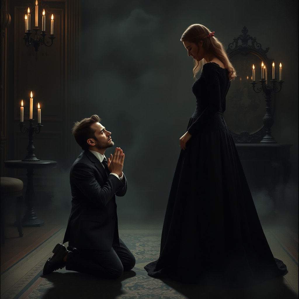 Victorian Man Beseeching Woman in Eerie Parlor