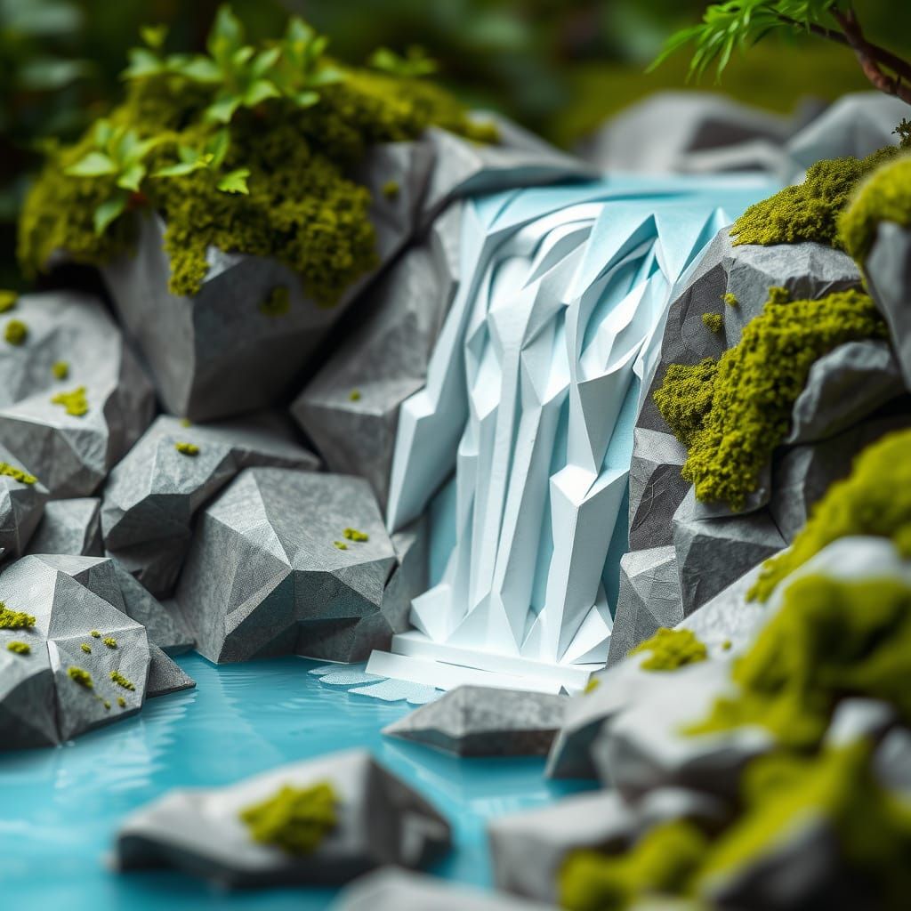 Whispers of Serene Origami Waterfalls in Paper Art