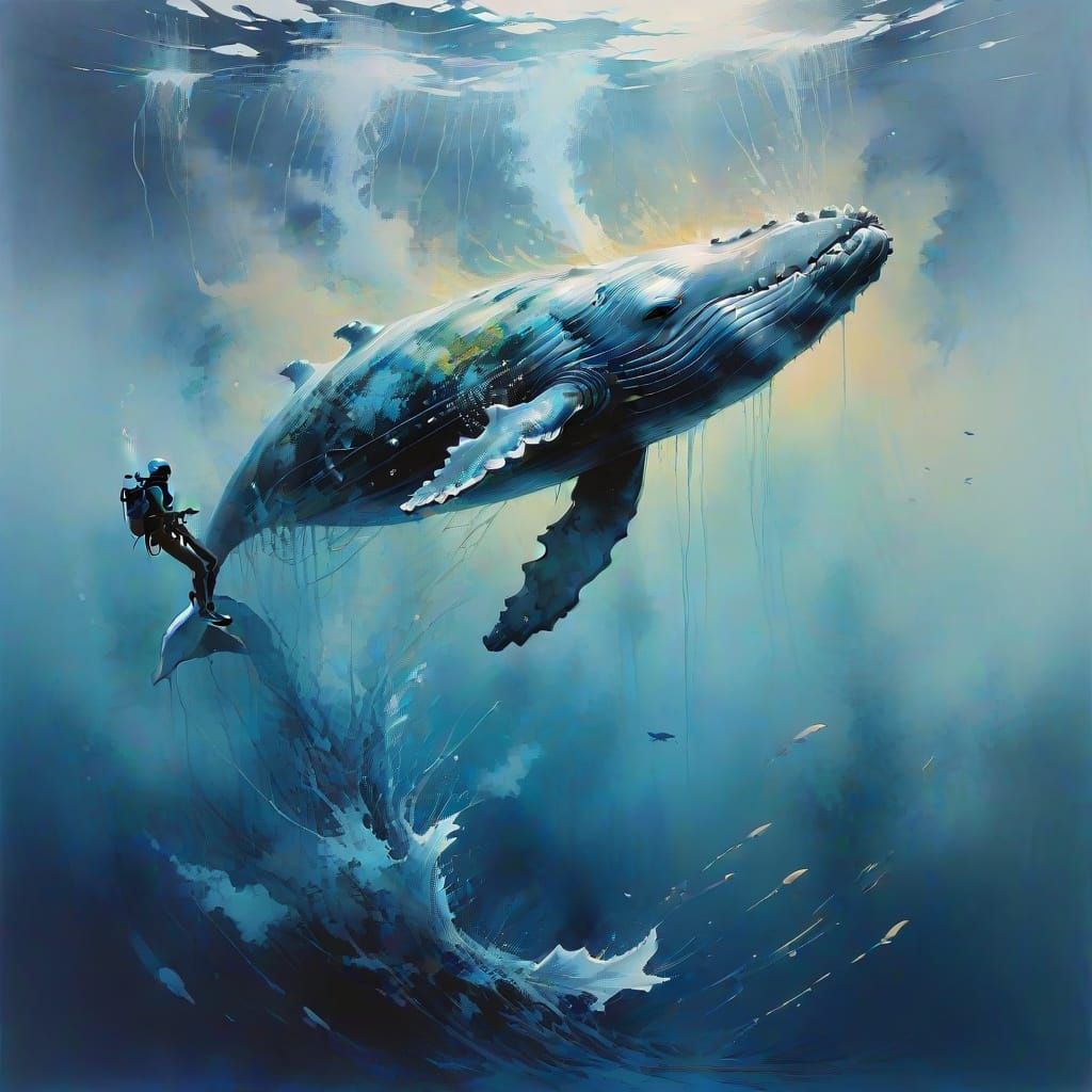 Humpback Whale in Deep Blue Ocean, Ethereal Style
