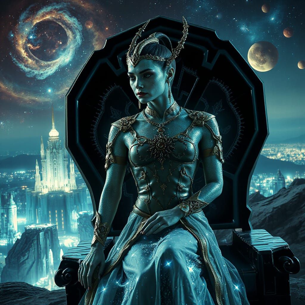 Alien Queen on Obsidian Throne, Hyperrealistic Style