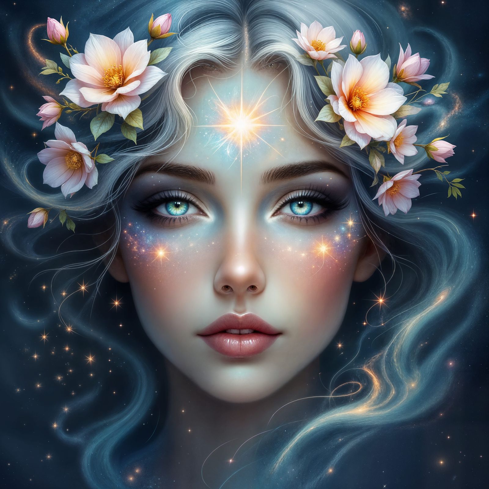 Ethereal Cosmic Being With Nebula Hair and Wise Eyes