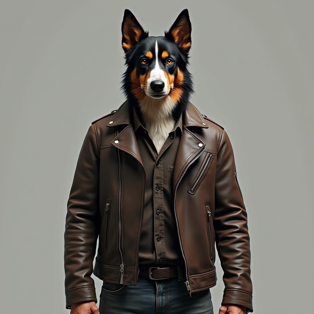 Hyper-Realistic Man with Australian Shepherd Features in Lea...