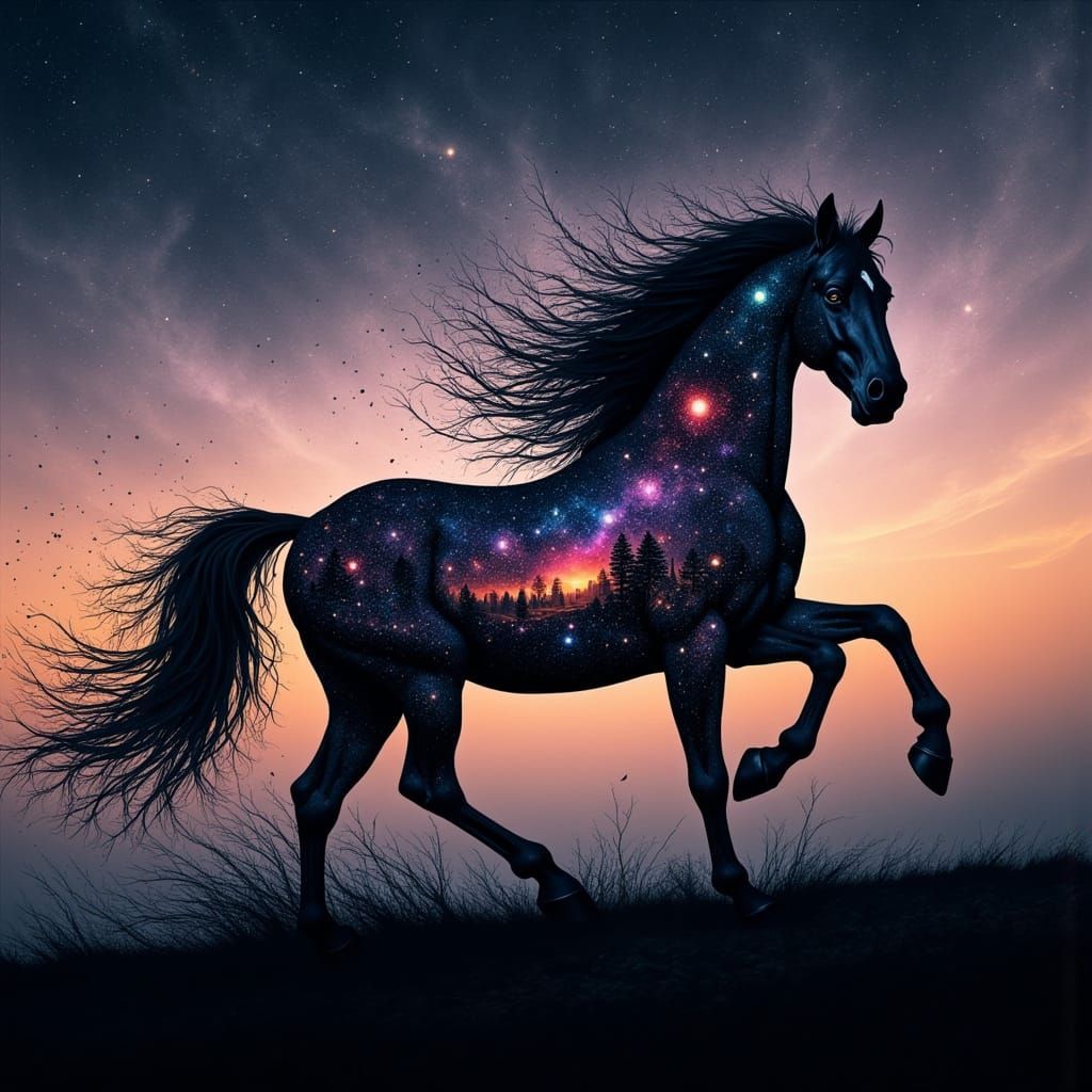 Cosmic Horse Galloping Across Starry Sky