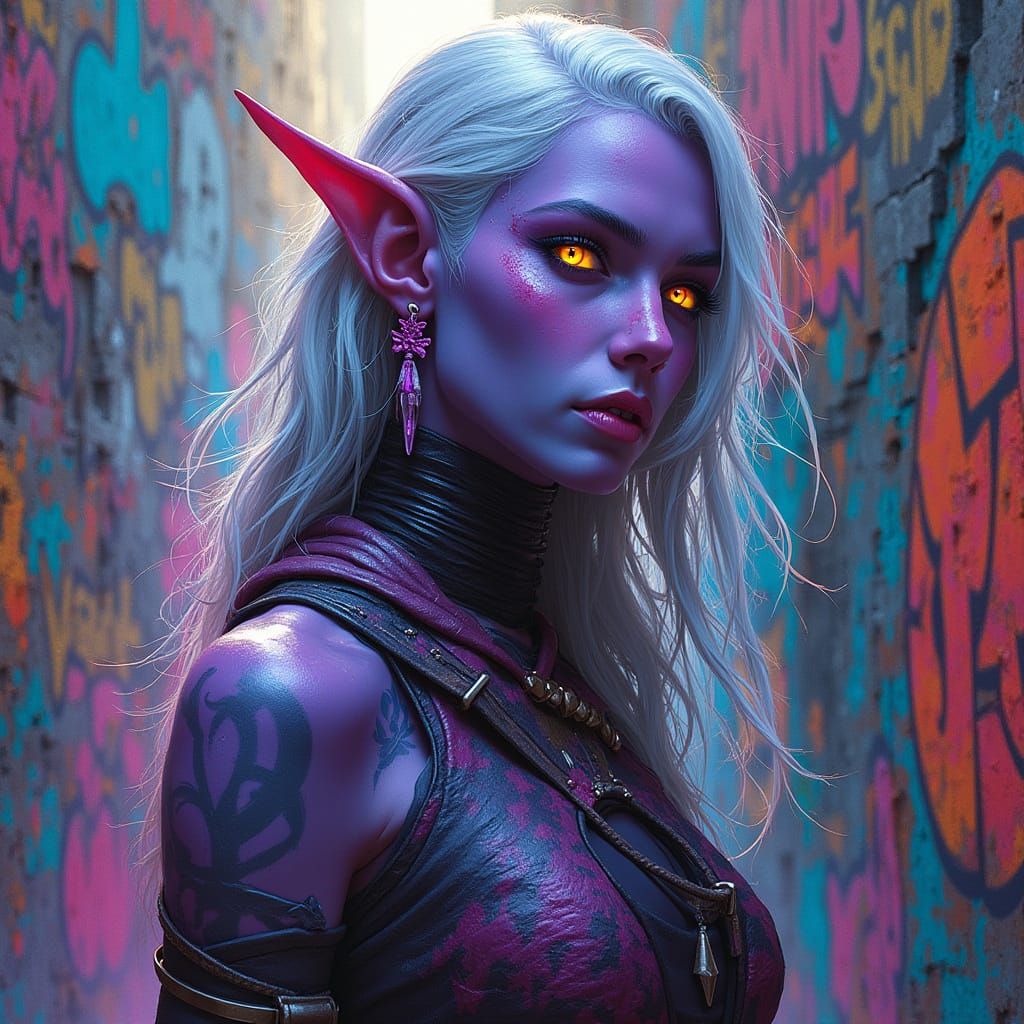 Cyberpunk Dark Elf Ranger in Vibrant Graffiti