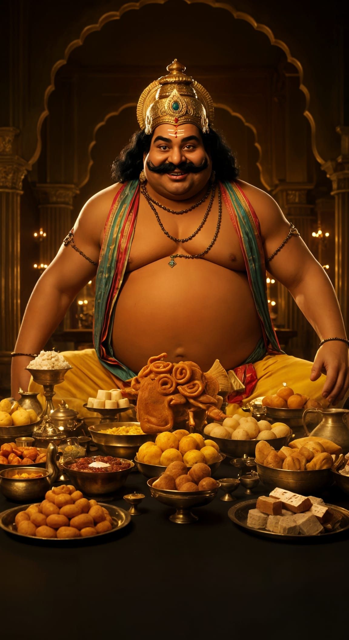 Majestic Indian Giant Surrounded by Lavish Feast in Palace K...