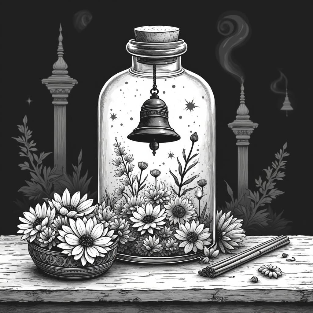 Whimsical Black and White Apothecary Scene with Glass Jar an...