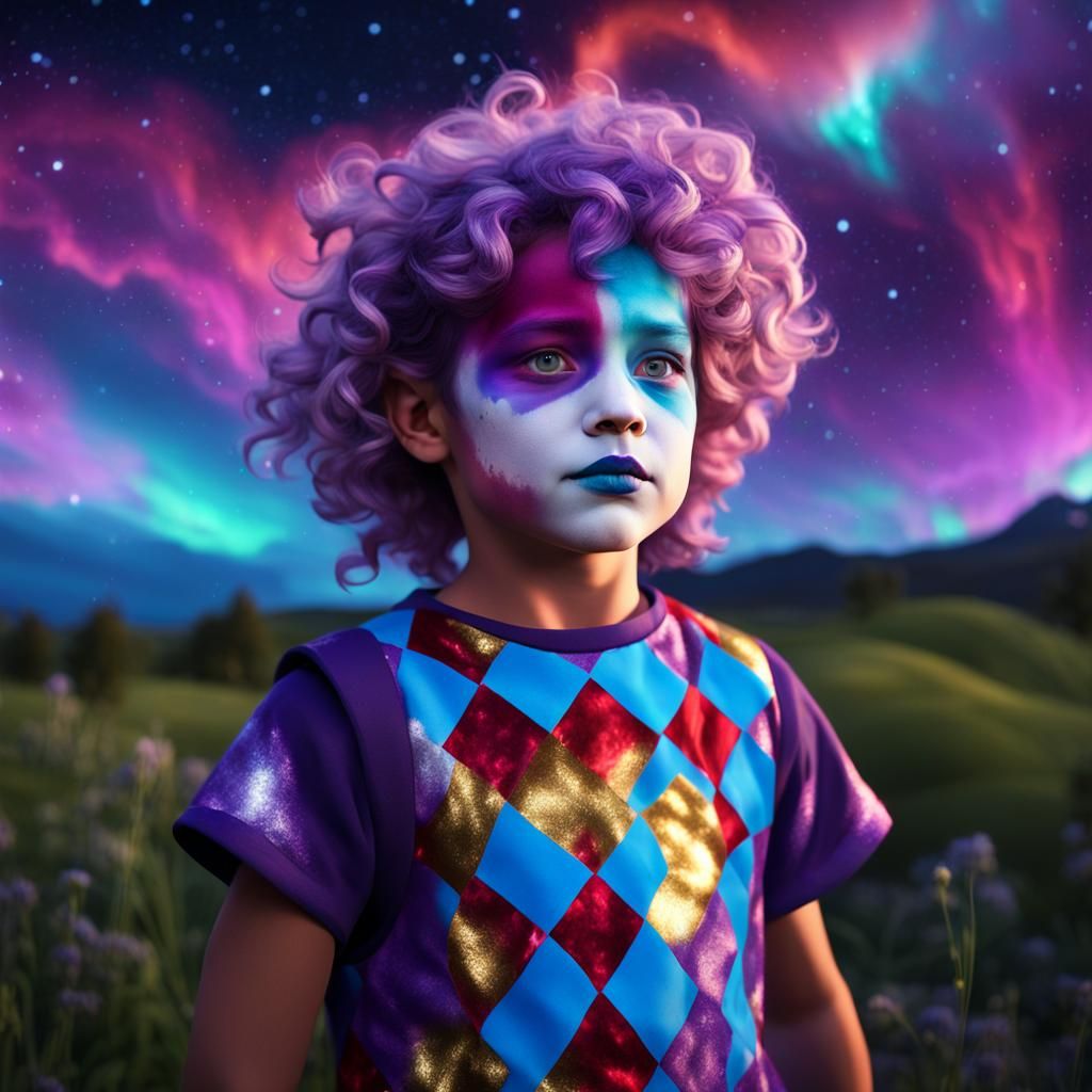 Harlequin Child in Bioluminescent Meadow