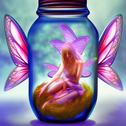 Hyperrealistic Fairy Trapped in Glass Jar
