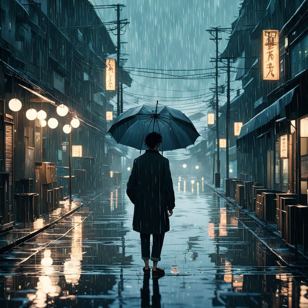 Anime Boy Stands in Rainy City Streets