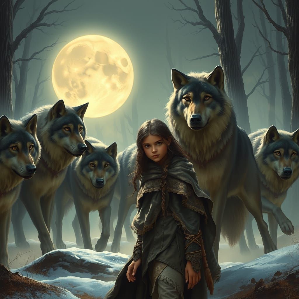 Girl and Wolves in Moonlit Forest, Fantasy Art