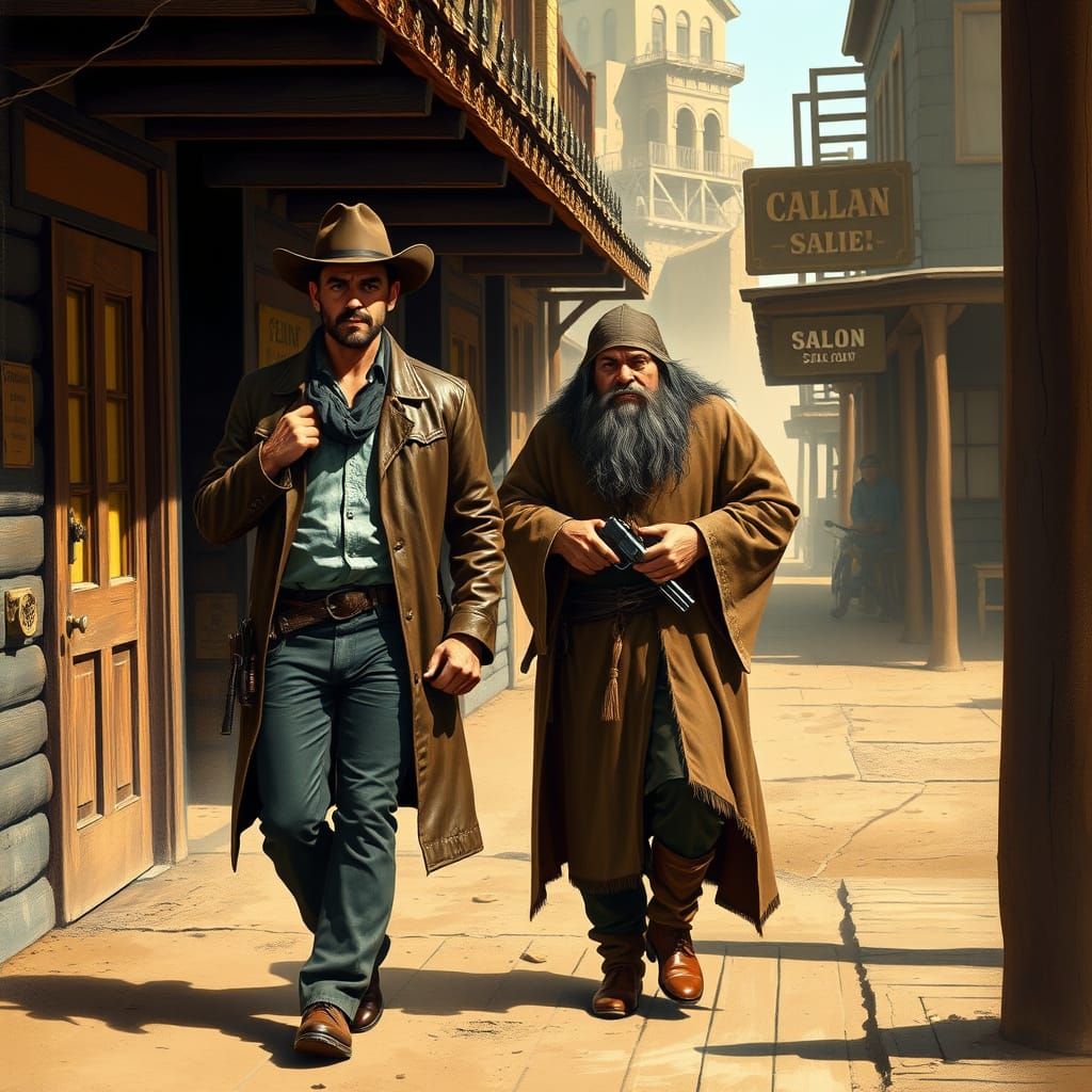 Texas Ranger Strolls Beside Dwarf in Sun-Drenched Old West S...